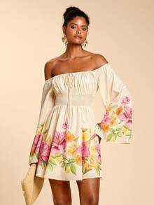 SHEIN TRVLCHIC 女士碎花褶皱露肩长袖迷你连衣裙 - 彩色 - 查看 4