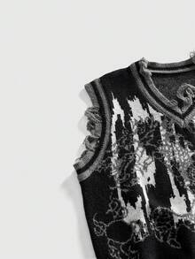 ROMWE MEN 男士V领龙纹提花针织背心，街头时尚 - 彩色 - 查看 4