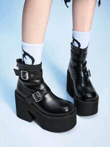 Sugerpunk Botas de tobillo elásticas con cremallera gruesa en la parte posterior, de estilo punk y a la moda - Negro - Ver 3