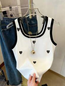 SHEIN Áo hai dây thêu họa tiết trái tim mới, dáng regular fit, cỡ lớn, phù hợp cho phụ nữ. - Đen và trắng - Xem 4