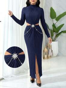 Modelyn Vestido de manga larga con cuello alto y decoración de strass de unicolor, elegante para mujer - Azul - Ver 1