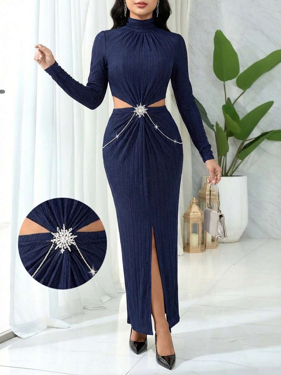 Modelyn Vestido de manga larga con cuello alto y decoración de strass de unicolor, elegante para mujer - Azul - Ver 1