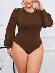 SHEIN Tall CURVE Plus Contrast Mesh Lantern Sleeve Elegant Black Bodysuit, Winter - Coffee Brown - View 3