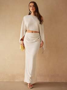 Silquee Chân váy nữ tối giản xẻ tà, eo rút dây, chất liệu vải lanh pha, thích hợp cho kỳ nghỉ. - Màu be - Xem 5