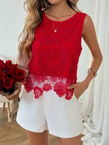 SHEIN LUNE Women's Casual Embroidered Sleeveless Vest, Red Shirt For Valentine's Day Summer Dress Summer Clothes Summer Tops Valentine's Day Valentine Clothes Casual Women Outfits - Red - View 1