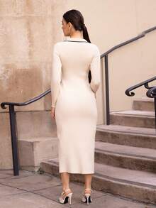 Andrea Bello Contrast Binding Button Front Slim Fit Long Sweater Dress In Fall/Winter - Apricot - View 2