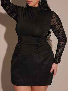 SHEIN BAE Plus Size Autumn/Winter Women's Casual Vintage Solid Color Knit Contrast Lace Long Sleeve Fitted Women Top,Fall,Christmas, New Year,Casual,Plus Size Formal,Elegant, Thanksgiving Day,Black Lace Top,Christmas, New Year,Casual,Plus Size Formal,Elegant, Thanksgiving Day Top - White - View 11