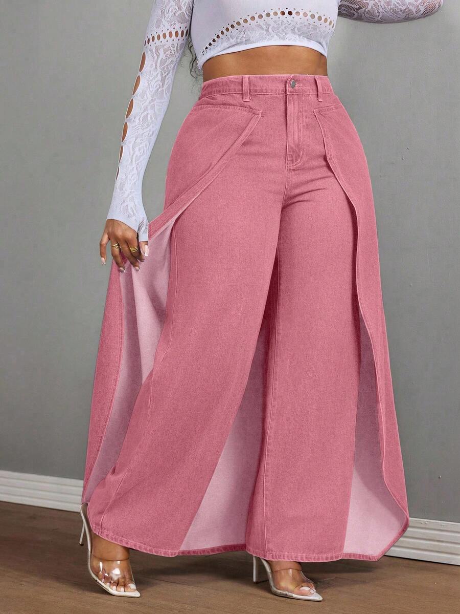 Slaydiva 大码女式牛仔风无弹力拼接直筒牛仔裤 - 粉色 - 查看 1