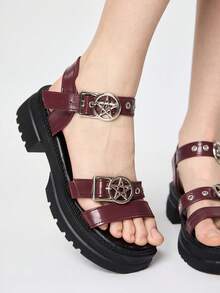 ROMWE Women's Summer Open Toe Dark Rock Punk Goth Roman Beach Sandals, Star Strap Platform Wedge Sandals Spring Shoes Spring Break Easter, Halloween For Christmas Valentine's Day - Brown matte - View 3