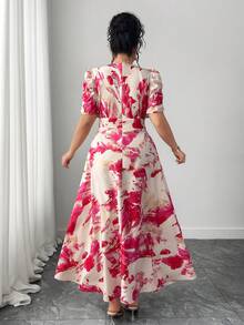 Elenzga 大码泡泡袖褶皱V领收腰修身连衣裙 - 玫紅色 - 查看 2