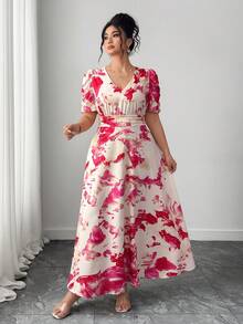 Elenzga 大码泡泡袖褶皱V领收腰修身连衣裙 - 玫紅色 - 查看 6