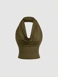 SHEIN MOD Áo nữ dáng ôm màu trơn, đa năng, thích hợp mặc 3 kiểu mùa hè, cổ đổ, trễ vai, kiểu dáng thời trang, dự lễ hội, đi biển, tiệc trà, kín đáo, dự dạ hội, áo dễ thương. - xanh quân đội - Xem 2