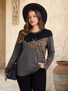 EMERY ROSE Kaos Ukuran Besar Kerah Bulat Lengan Raglan Motif Leopard Patchwork/Musim Panas/Musim Semi/Liburan - Grey - View 1