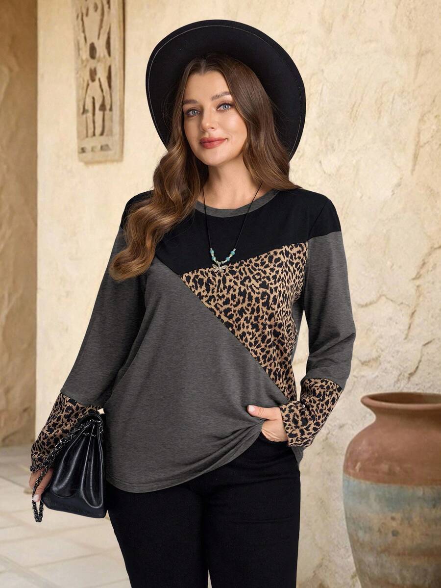 EMERY ROSE Kaos Ukuran Besar Kerah Bulat Lengan Raglan Motif Leopard Patchwork/Musim Panas/Musim Semi/Liburan - Grey - View 1