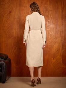 Uhlyne Uhlyne Women's Light Beige Elegant Autumn Long Dress, Office Commuting Style, Stand-Up Collar, Front-Button Design, Cinched Waist Waist, Jacquard Pleats For Parties - Apricot - View 4
