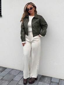 Jeta Ari Spring New Distressed Leather Jacket, Short Women Regular Jacket For Valentine's Day,Fall Clothes - Dark Green - View 1