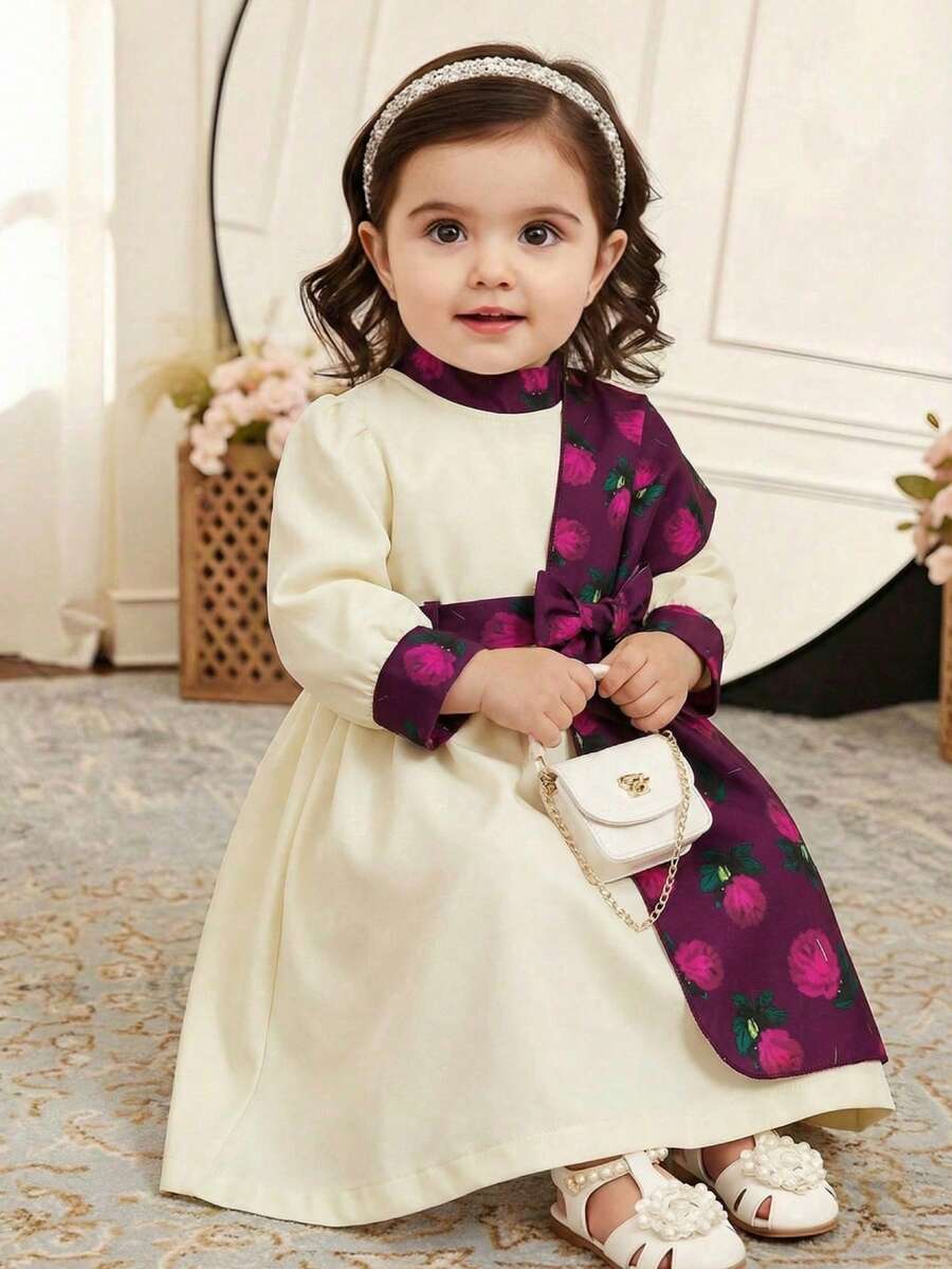 SHEIN Modisches Kleid im Nahost-Stil mit Schal für Baby Mädchen, Frühling/Herbst - Aprikosenfarben - Übersicht 1