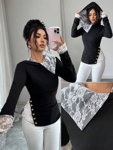 Elenzga 女士休闲黑白撞色蕾丝边优雅T恤，适合春、夏、秋、冬、派对、新年、感恩节、圣诞节、情人节、万圣节等休闲场合穿着 - 黑色 - 查看 3