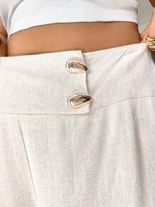 Lounesse Quần ống rộng màu trơn cài cúc dành cho nữ cỡ lớn, kiểu dáng thường ngày, đa năng. - Màu be - Xem 5