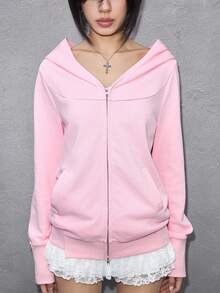ROMWE Avant Avant-Garde Irregular Design Hooded Long Sleeve Women Sweatshirt Sweatshirt - Pink - View 6