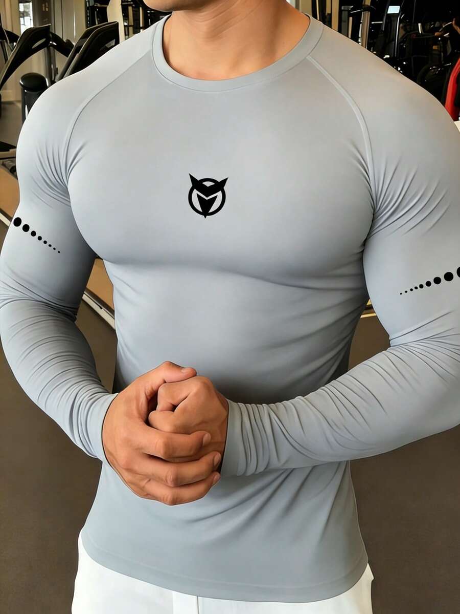 GymBeat 男士休闲印花圆领长袖运动T恤健身上衣 男士压缩上衣 压缩衬衫 压缩长袖健身长袖上衣 - 灰色 - 查看 1