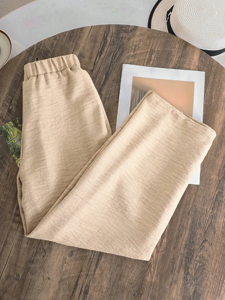 SHEIN 青少年女孩休閒紋理鬆款藍色長褲,返校季,青少年女孩 - 卡其色 - 查看 1