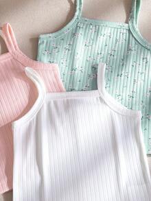 SHEIN Playful Pals 3件裝女嬰提花面料吊帶背心可愛夏季鼠尾草綠花朵女孩度假假日上衣無袖馬卡龍淡彩色外套 - 彩色 - 查看 3