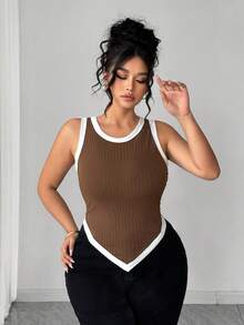 SHEIN PETITE CURVE Regata Casual de Malha Canelada com Bainha Assimétrica e Contraste de Cor para Mulheres Plus Size, Top Marrom, Tops Curvilíneos, Top Marrom - Castanho - Visão 3