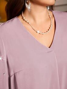 EMERY ROSE Plus Size Women Pearl V-Neck Solid Color Blouse/Summer/Spring/Vacation - Pink - View 7