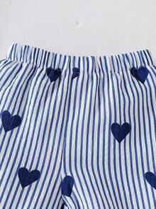SHEIN 女婴条纹爱心图案肩带休闲荷叶边下摆夏季T恤套装 - 藍色 - 查看 7