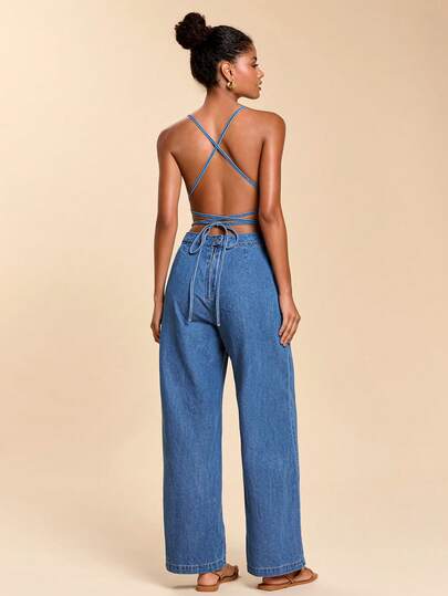 Travachic Women's Backless Tie Strap Pocket Wide Leg Fashionable Denim Jumpsuit