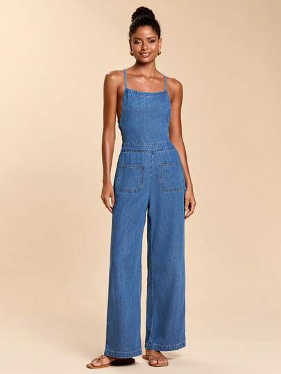 Travachic Women's Backless Tie Strap Pocket Wide Leg Fashionable Denim Jumpsuit
