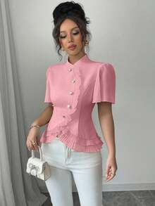 Elenzga Women's Solid Color Stand Collar Raglan Short Sleeve Ruffle Hem Blouse - Pink - View 5