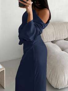 Aloruh Elegant Satin Asymmetric Ruched Flare Sleeve Maxi Dress With Cinched Waist, Suitable For Valentine's Day ,Wedding Guest Dress Women