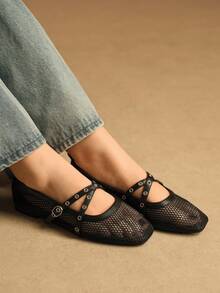 Rosivie 新款透气网眼休闲软底魔术贴交叉套脚平底百搭舒适方头乐福鞋 - 黑色 - 查看 3