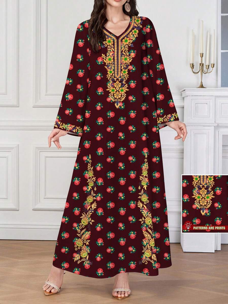 Al Najma 女士优雅V领长袖喇叭下摆印花连衣裙，舒适飘逸，采用涤纶面料，适合居家、外出、度假、派对等场合。飘逸连衣裙，复古连衣裙/碎花连衣裙，植物印花连衣裙，红色连衣裙，红色长袖连衣裙。女士连衣裙 - 紅色 - 查看 1