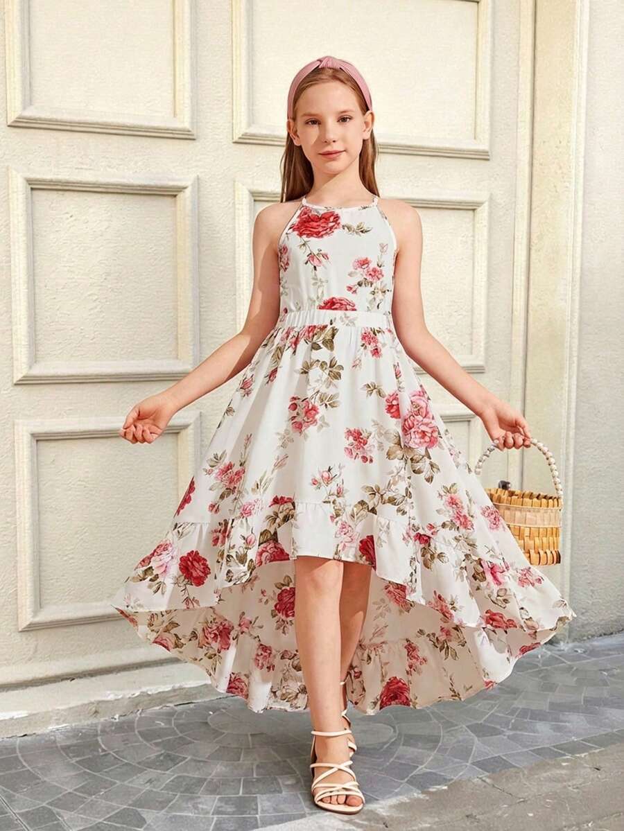 SHEIN Serisse Kids Tween Girl Backless Floral Print Sleeveless Vacation Dress - Beige - View 1