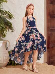 SHEIN Serisse Kids Tween Girl Floral Print Sleeveless Asymmetric Hem Dress - Multicolor - View 5