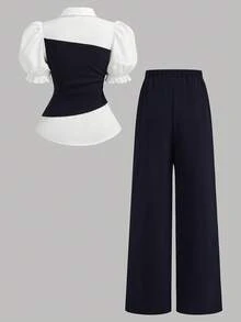 SHEIN Girlism 少女两件套针织撞色翻领短袖衬衫和裤子，休闲都市风拼接撞色两件套衬衫和阔腿裤套装 - 藍白色 - 查看 2