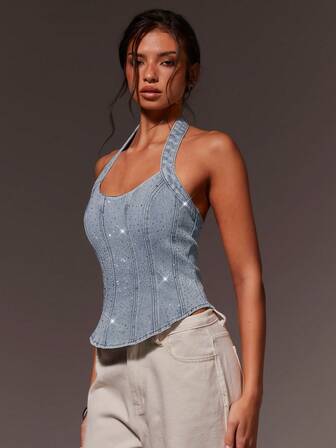 Athîral 女士时尚性感露背牛仔上衣