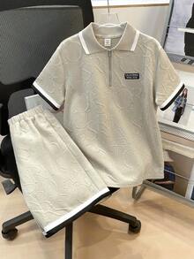 SHEIN 两件套儿童/青少年男童休闲日常舒适罗纹领半拉链针织 Polo 衫和短裤套装 - 卡其色 - 查看 5