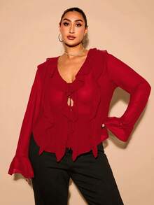 SHEIN BAE Plus Size Women Fall Elegant Sweet Sexy See-Through Chiffon Ruffle Trim Fit Long Sleeve Top Daily Wear - Red - View 6