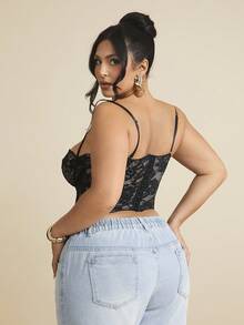 SHEIN BAE 加性感蕾丝透视吊带背心，派对、约会、休闲、通勤、可爱文胸、性感俱乐部上衣、紧身胸衣外出夏季蕾丝上衣 - 黑色 - 查看 5