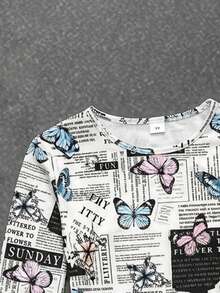 SHEIN Tween Girls' Casual Everyday Newspaper Print Long Sleeve Jumpsuit - White - View 3