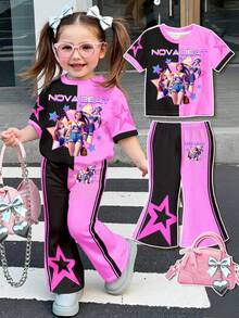 SHEIN 2件套卡通女孩彩色紫色和黑色撞色T恤和喇叭裤，K-Pop少女休闲简约卡通图案圆领短袖T恤和喇叭裤，适合夏季、休闲校园运动风、户外野餐、街头摄影、居家穿着。 - 彩色 - 查看 3