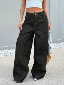 Loose Baggy Raw Denim Woman Low Waist Jean - Dark Grey - View 4