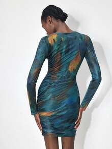 Maija Women's Round Neck Mini Dress, Featuring Fashionable And Versatile Tie-Dye Pattern, Ruched Design Accentuates Body Curves, Showcasing Sexy And Elegant Charm. Long Sleeve Slim Fit, Suitable For Commuting, Business, Casual, Beach, Vacation, Music Festival, Valentine's Day And Summer Occasions, Easily Switch Between Different Styles, Exuding Feminine Confidence And Unique Taste. - Multicolor - View 3