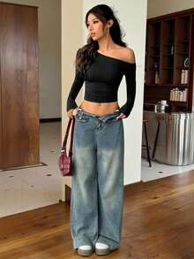 SHEIN EZwear Áo thun dài tay nữ 97% cotton, kiểu dáng lệch vai, ôm sát gợi cảm, thích hợp cho câu lạc bộ, mùa xuân hè, phong cách dễ thương, đi xem hòa nhạc, mặc ở nhà hoặc đi lễ hội. - Nhiều màu - Xem 7