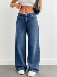 EURMUSE Jeans de tiro bajo y pierna ancha de estilo casual lavado para mujer - azul real - Ver 4
