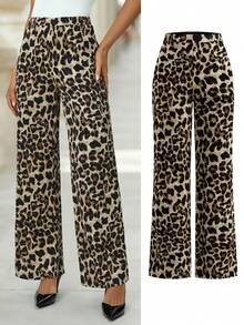 SHEIN Clasi 女士优雅高腰显瘦弹力针织阔腿长款豹纹裤，百搭日常穿搭，春季女装春假狂欢节女装造型，2026春夏狂欢节必备猎豹纹裤，动物纹阔腿裤，高腰裤 - 彩色 - 查看 2